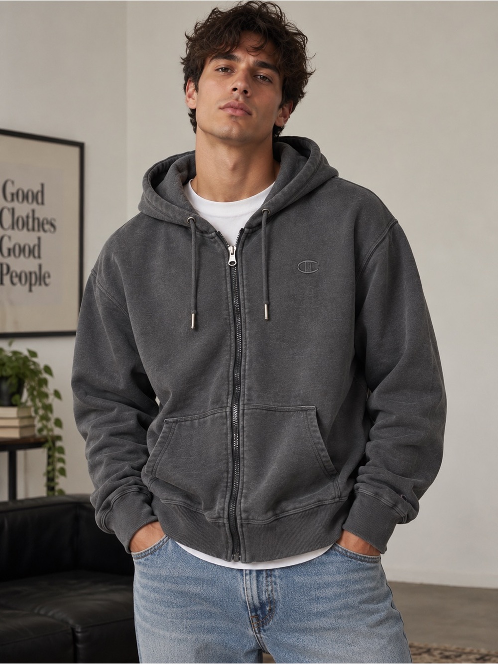 Champion Authentic Hoodie XL Gray Full Zip Embroidered Logo Y2K Streetwear